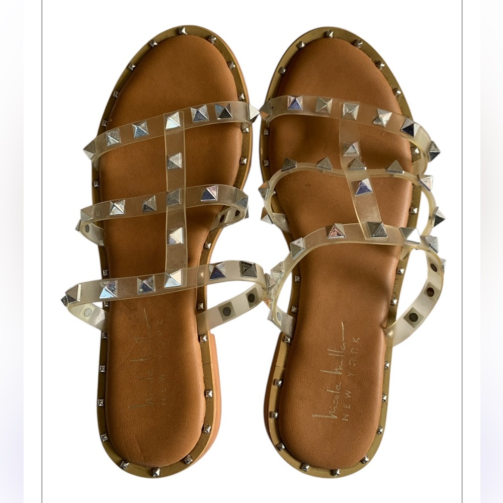 Nicole Miller NEW YORK Beige & Jelly Strap Silver Studded Sandals SIZE 6